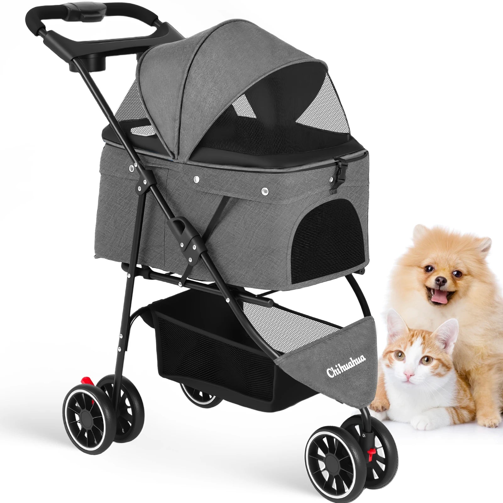 Portable Foldable Pet Stroller Travel Carrier Canopy, Storage Basket