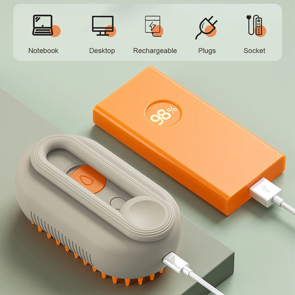 USB Rechargeable, Pet Spray, Massage, Grooming Brush with Release Button