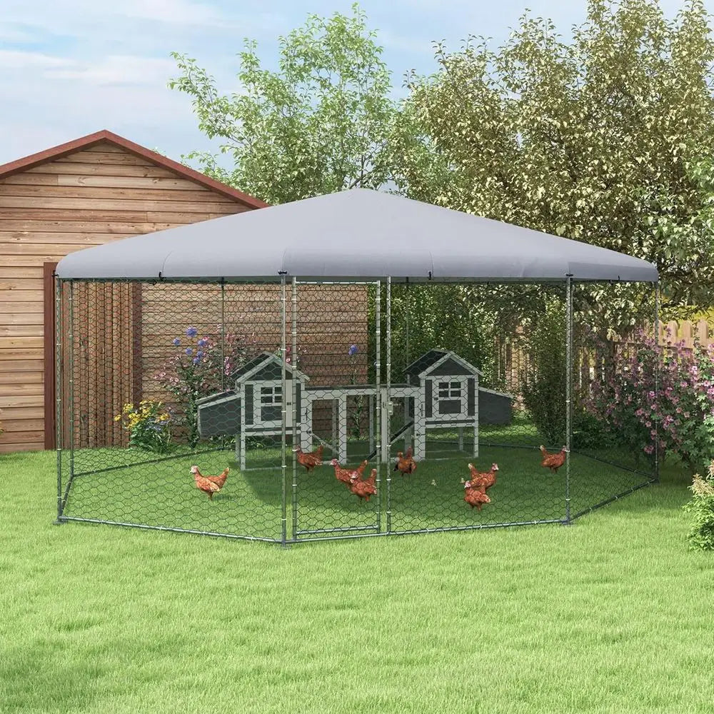 Waterproof UV-Resistant Metal Coop with Polygon Run, 17.1' x 15.7' x 9'