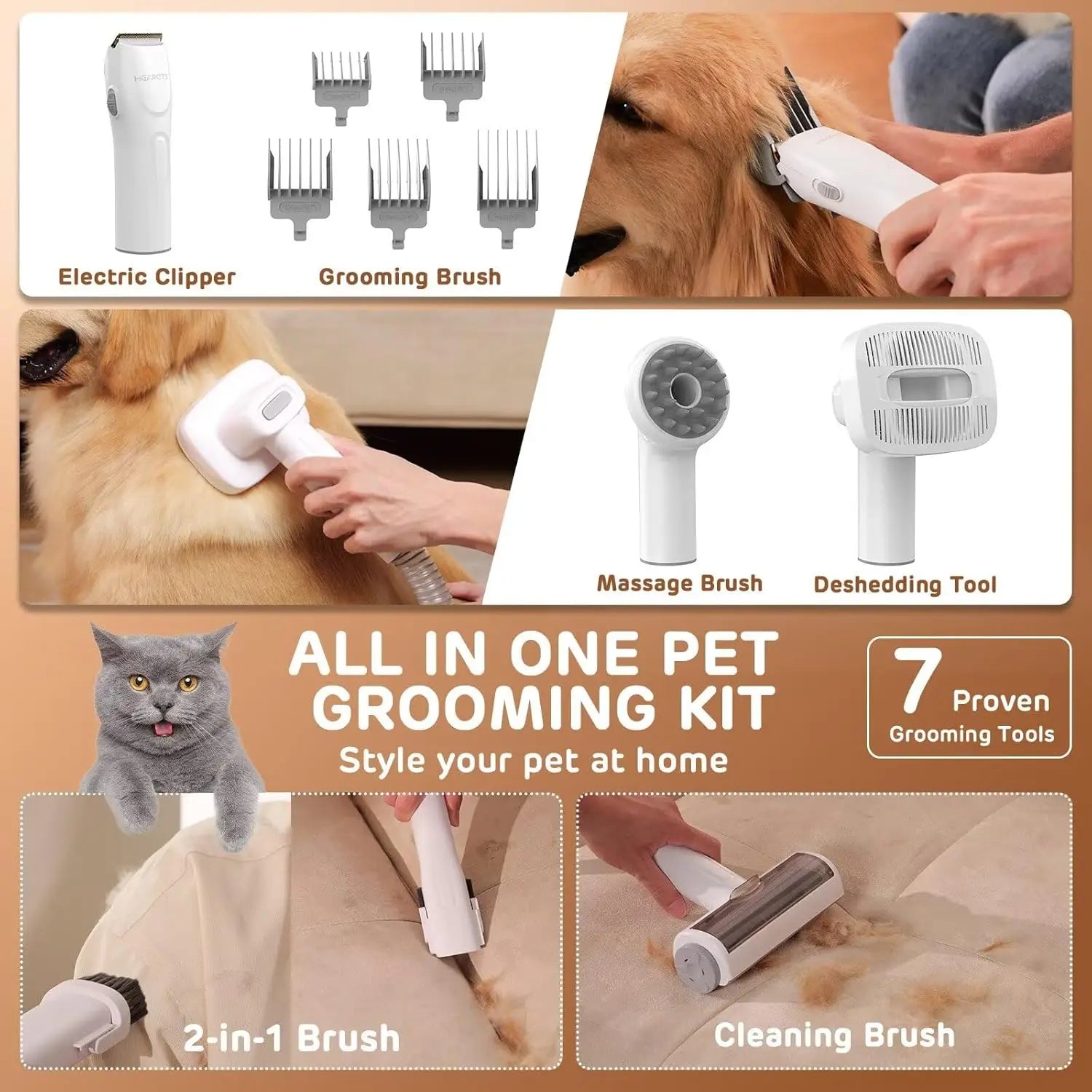 All-in-One Pet Grooming Vacuum Kit with 7 Tools