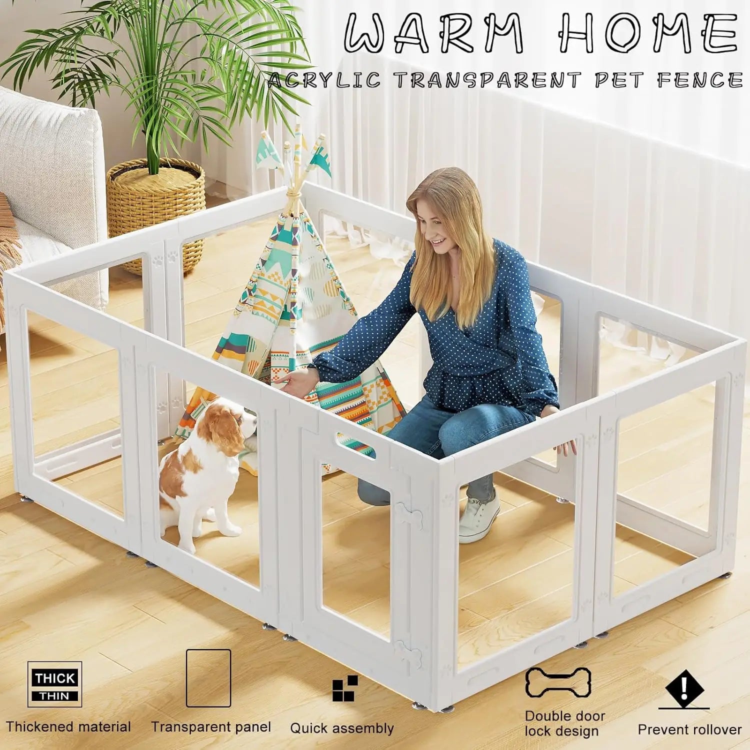Clear Acrylic Pet Playpen with Door. 10-Panel for Pets, Indoor