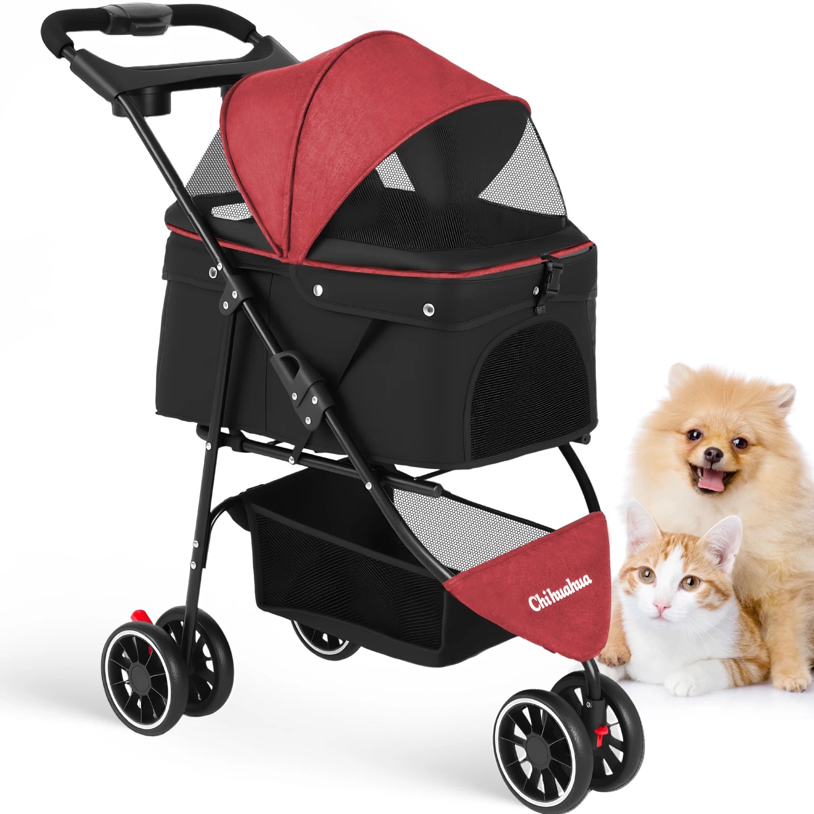 Portable Foldable Pet Stroller Travel Carrier Canopy, Storage Basket