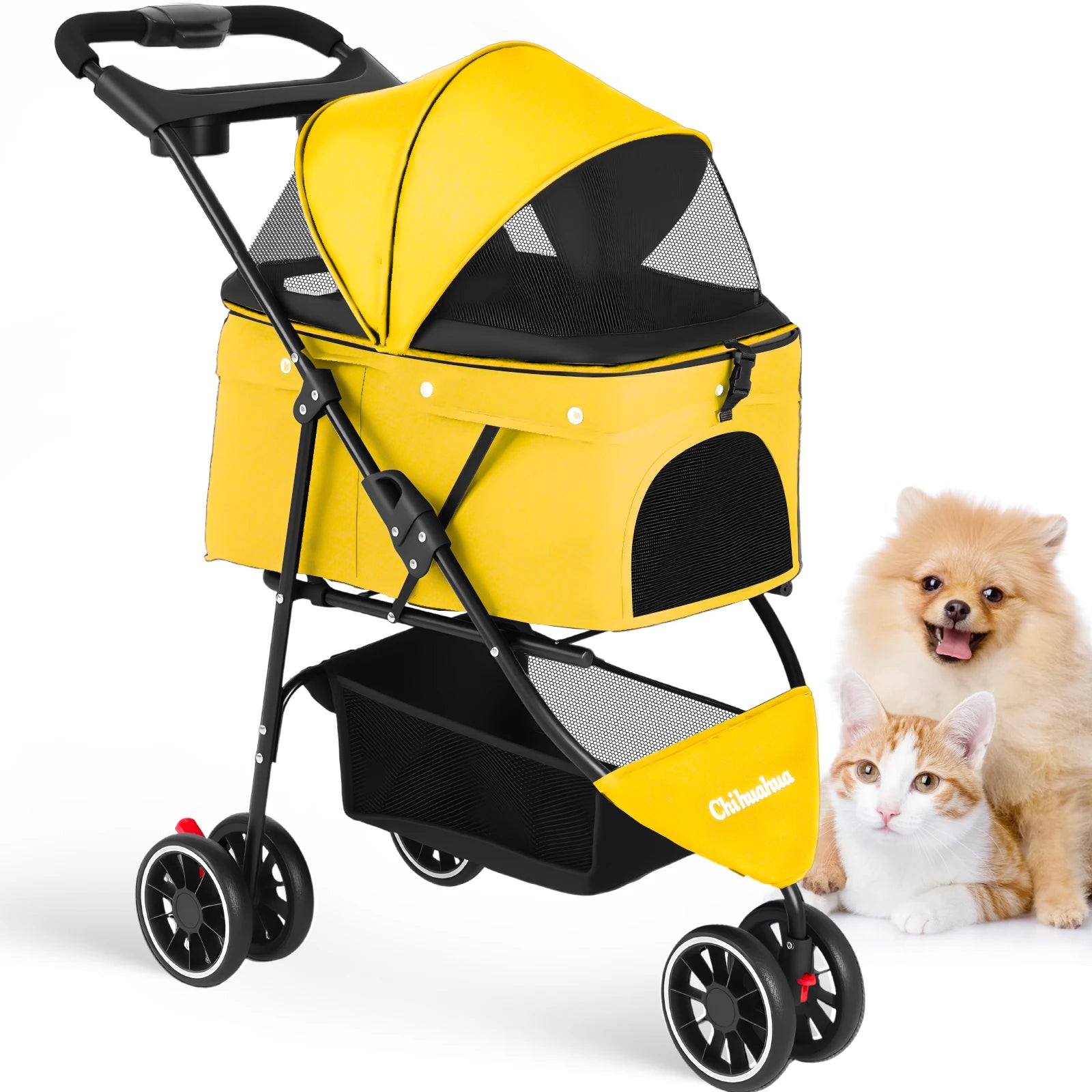 Portable Foldable Pet Stroller Travel Carrier Canopy, Storage Basket