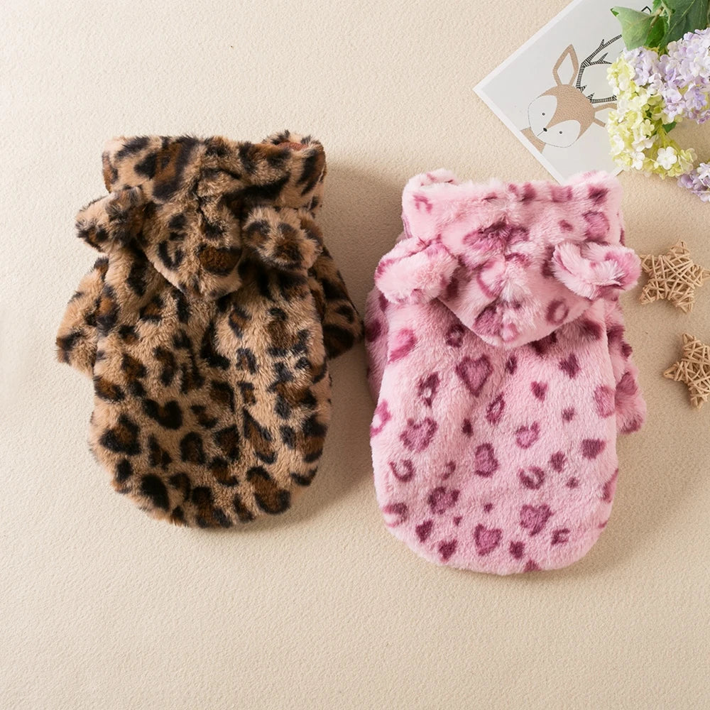 Warm Fleece Leopard Print Pet Hoodie, Coat, Clothing, Costume