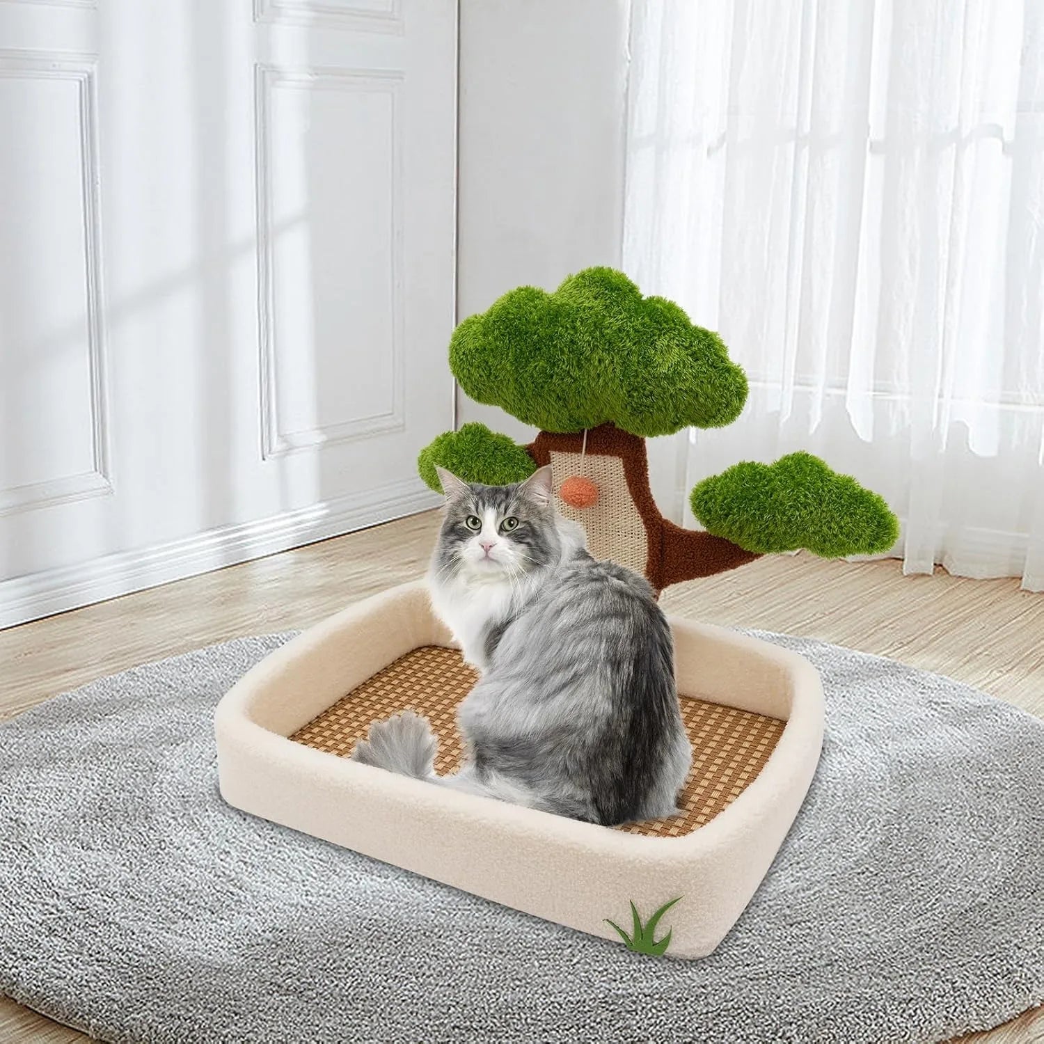 Pine Tree Scratching Post, 24.8" Plush Velvet Bed & Sisal Scratcher, Dangling Toy
