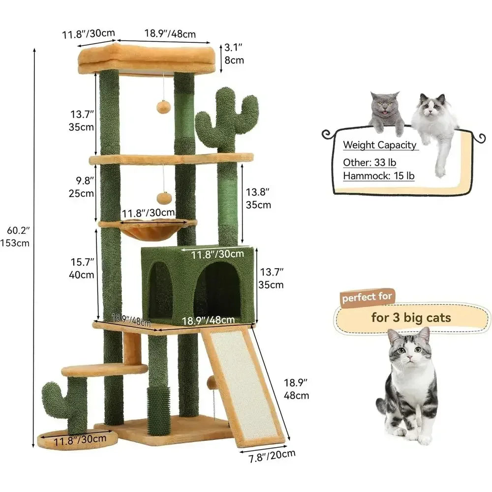 60-inch Tall Cat Tower - Grooming Brush, Climbing Tree, Condo, Perch