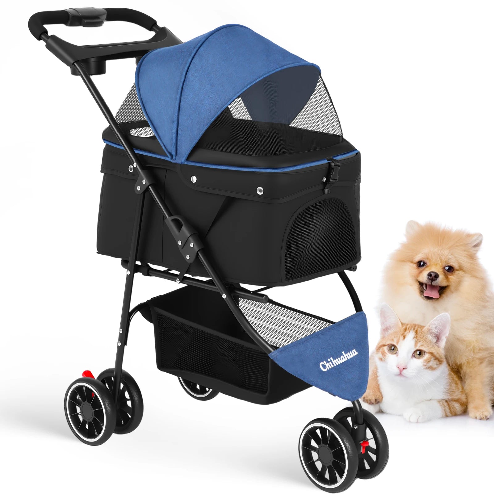 Portable Foldable Pet Stroller Travel Carrier Canopy, Storage Basket