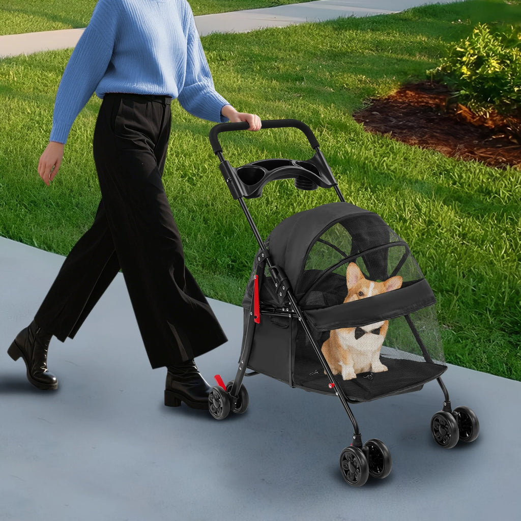 Foldable Wheeled Pet Stroller Carrier with 2-in-1 Folding Frame