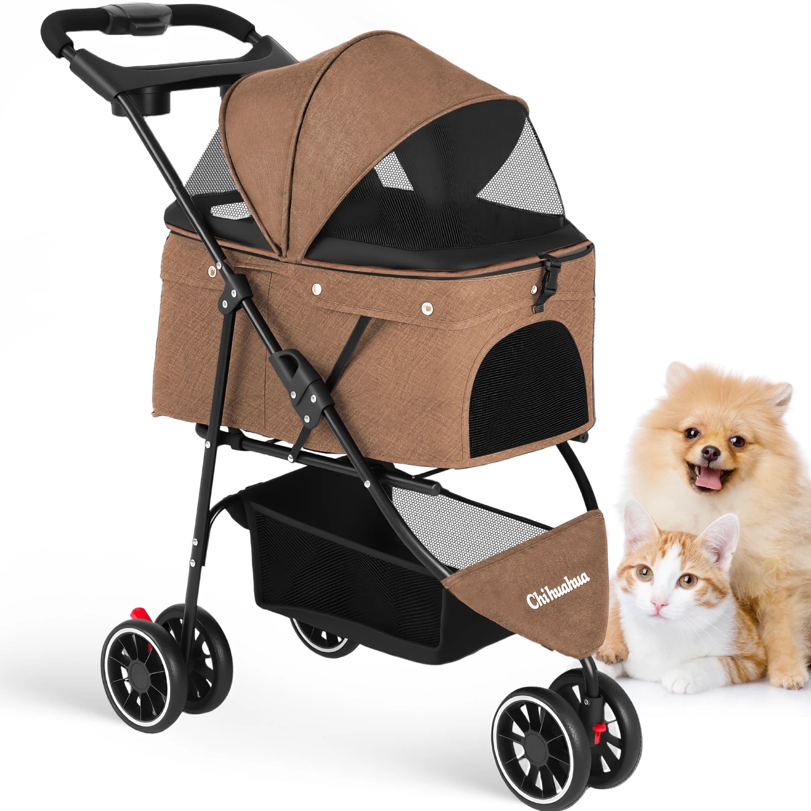 Portable Foldable Pet Stroller Travel Carrier Canopy, Storage Basket