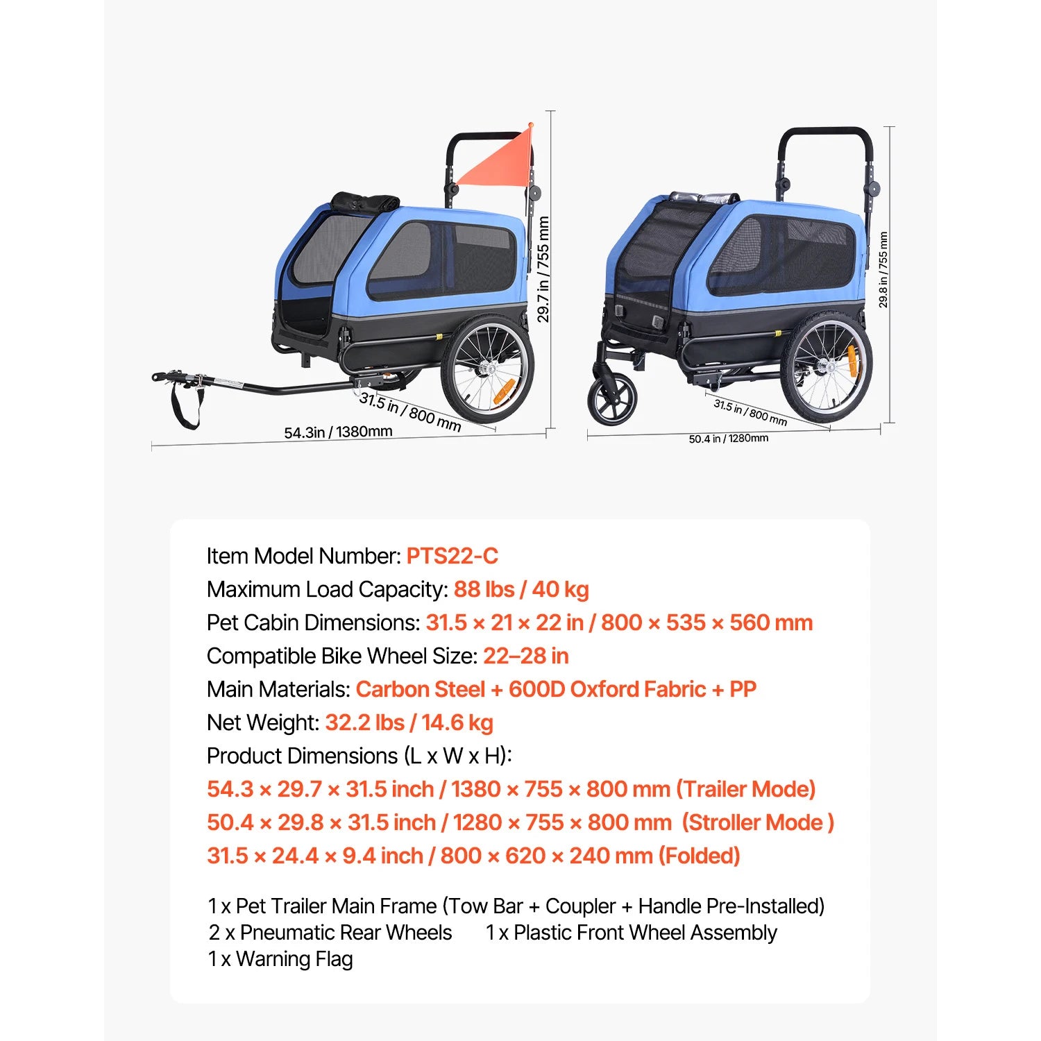 Pet Stroller Cart Bicycle Carrier 2-in-1 Folding Frame with Wheel