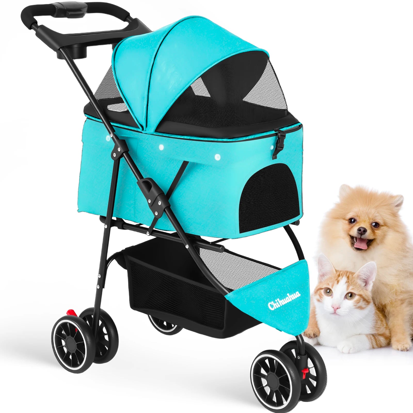 Portable Foldable Pet Stroller Travel Carrier Canopy, Storage Basket