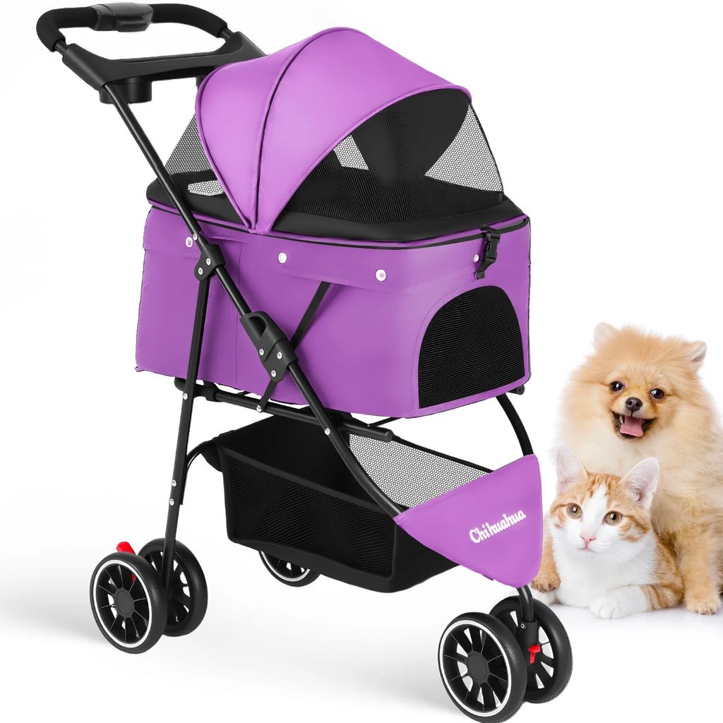 Portable Foldable Pet Stroller Travel Carrier Canopy, Storage Basket