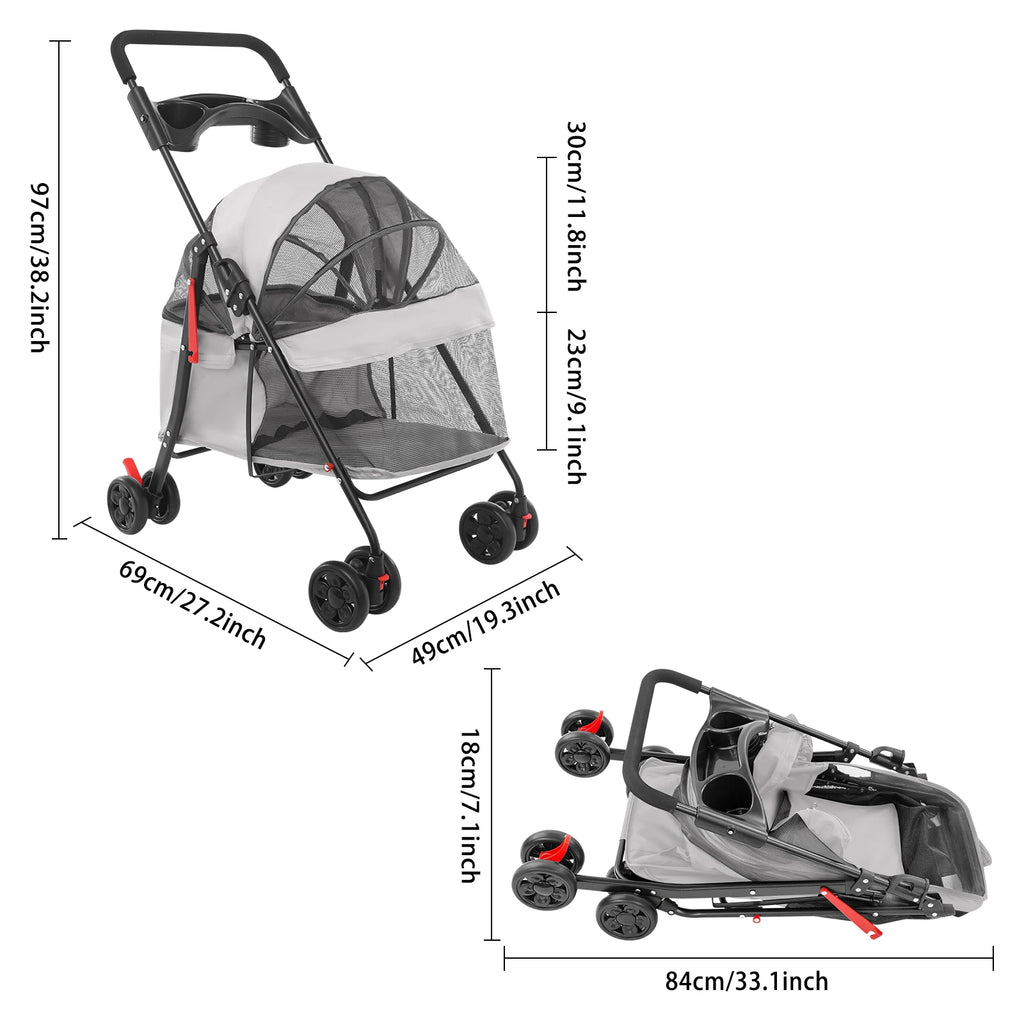 Foldable Wheeled Pet Stroller Carrier with 2-in-1 Folding Frame