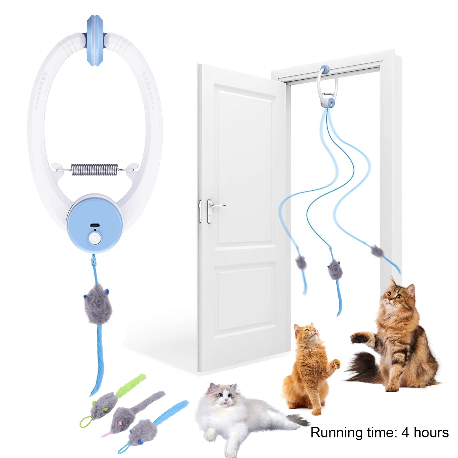 Hanging Automatic Retractable Self Play Kitten Toys with 3 Catnip Mice