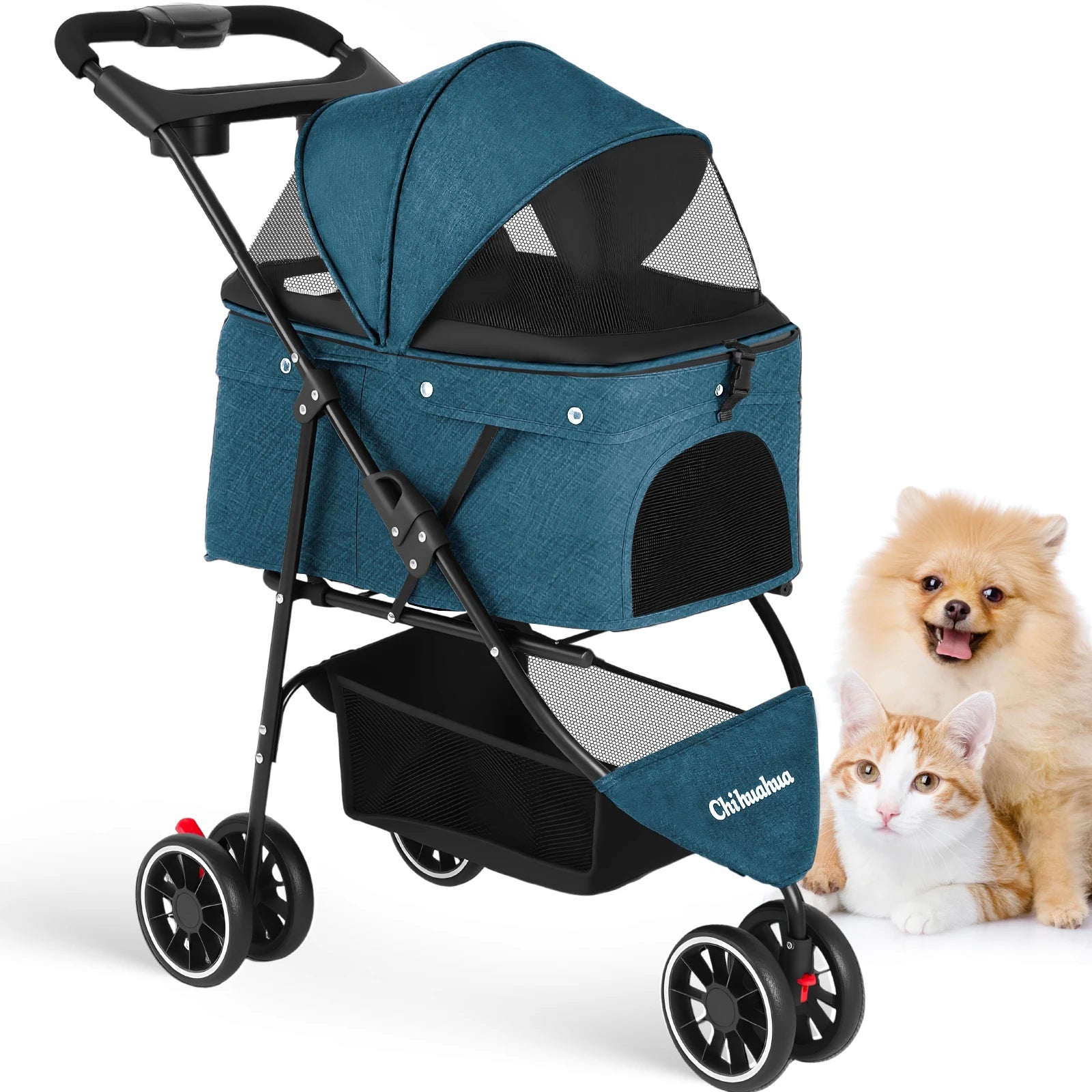 Portable Foldable Pet Stroller Travel Carrier Canopy, Storage Basket