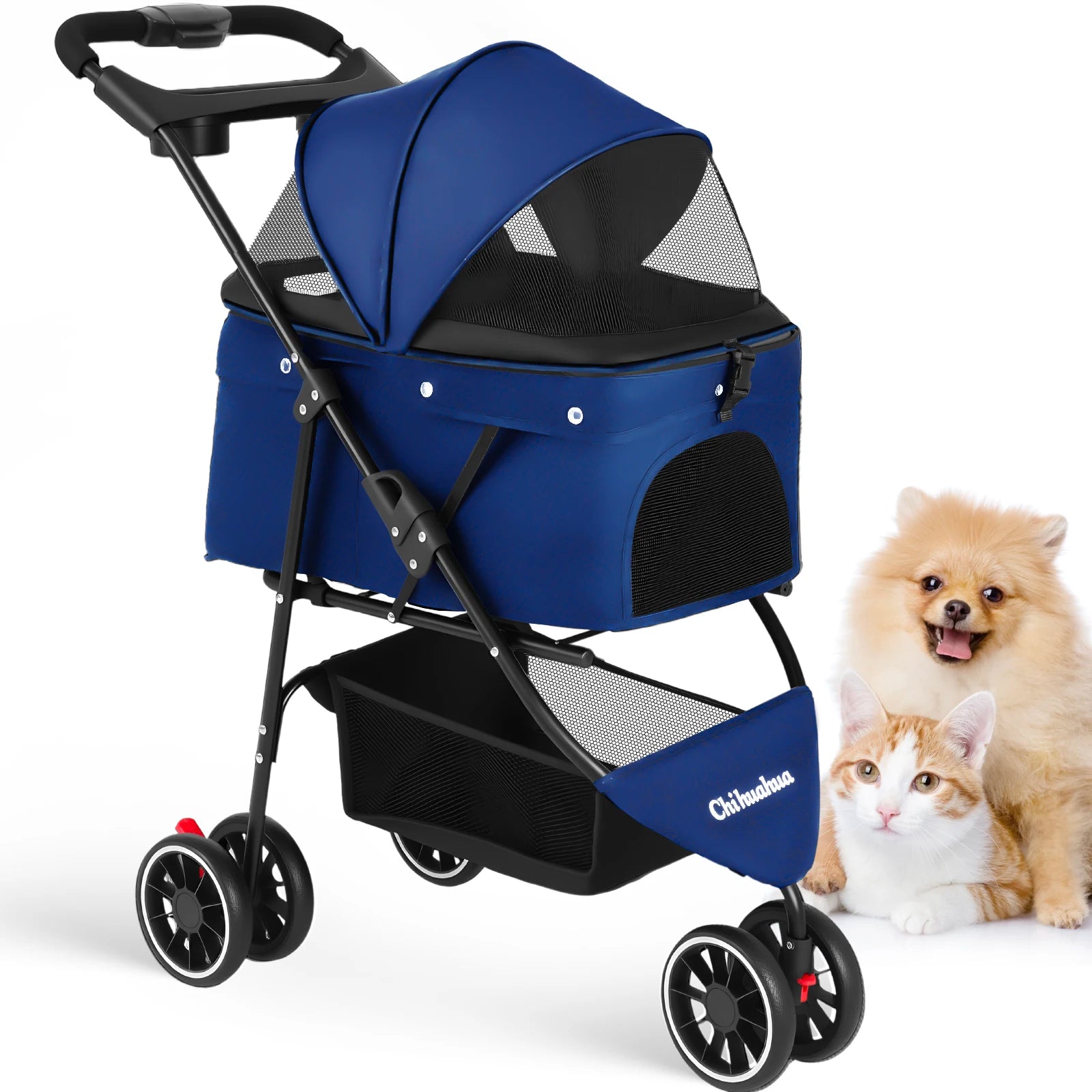 Portable Foldable Pet Stroller Travel Carrier Canopy, Storage Basket