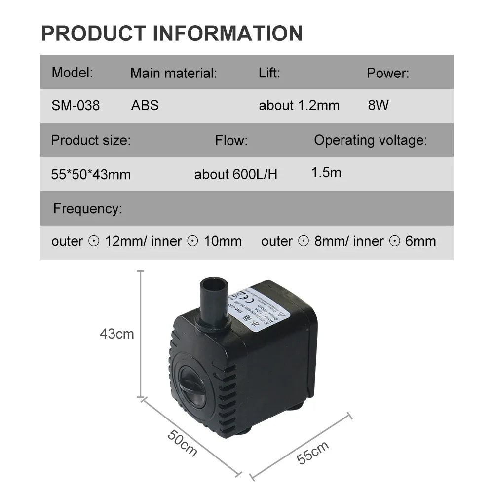 Ultra-Quiet Submersible Aquarium, Water Fountain, Fish Pond Pump Filter
