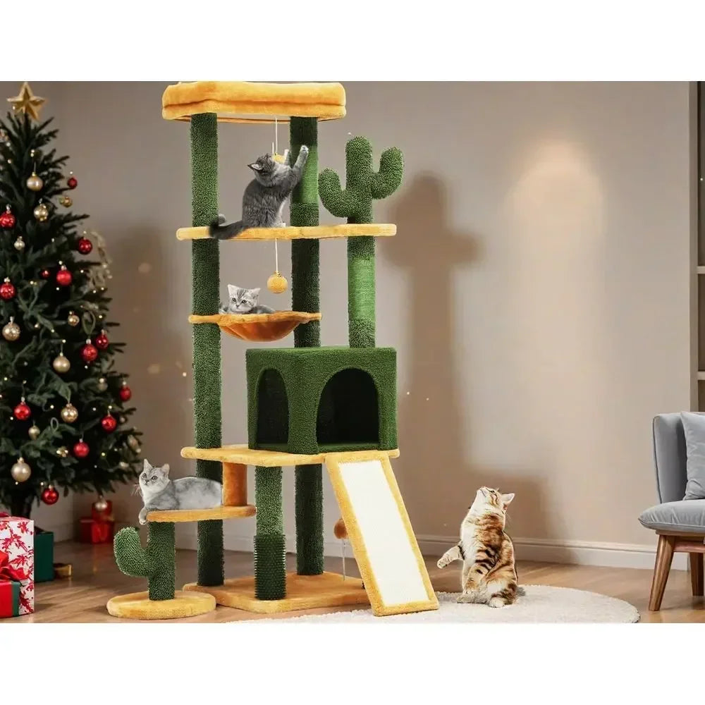 60-inch Tall Cat Tower - Grooming Brush, Climbing Tree, Condo, Perch
