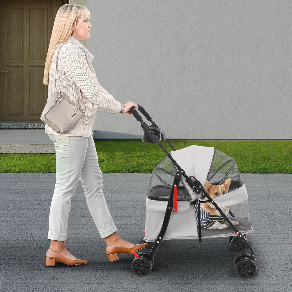 Foldable Wheeled Pet Stroller Carrier with 2-in-1 Folding Frame