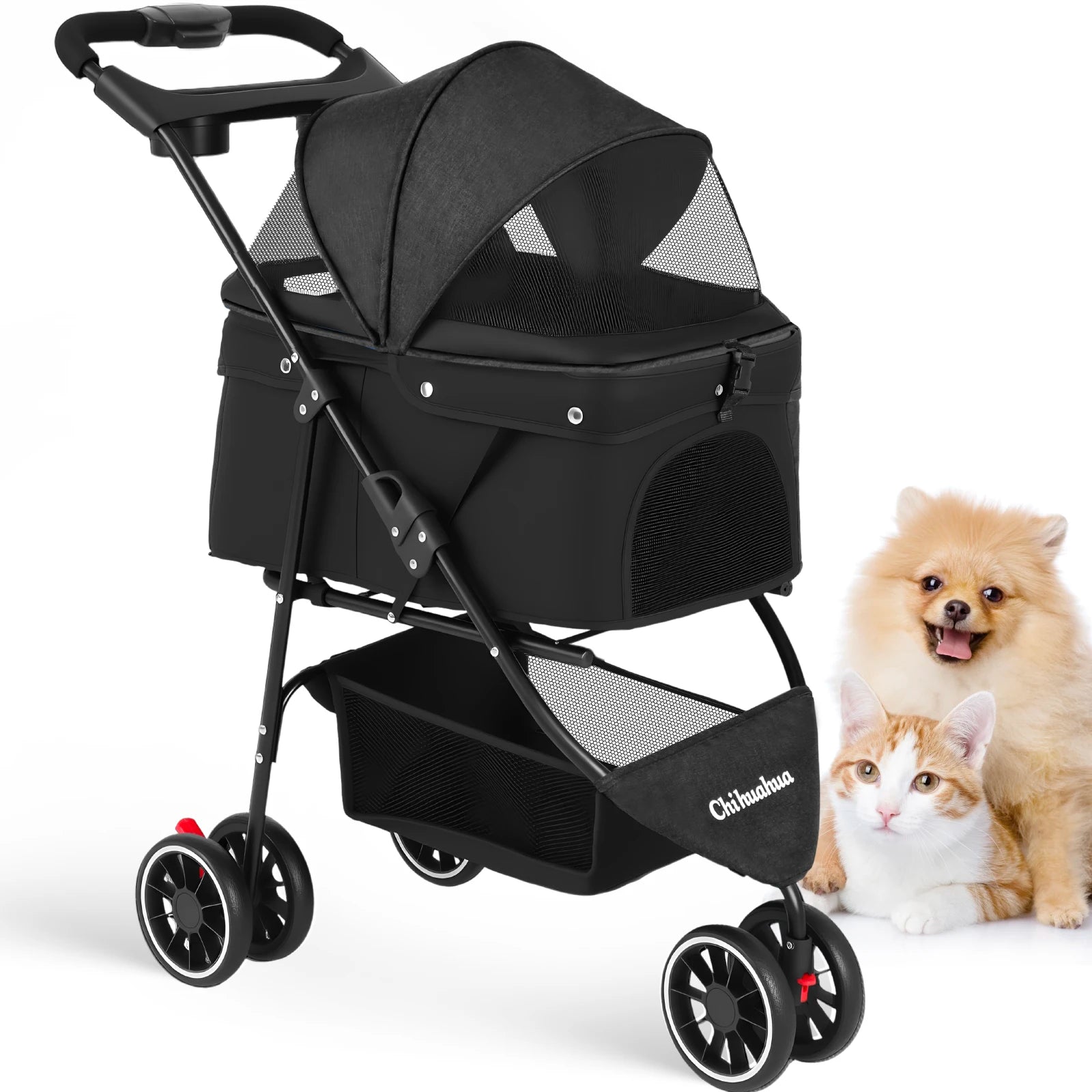 Portable Foldable Pet Stroller Travel Carrier Canopy, Storage Basket