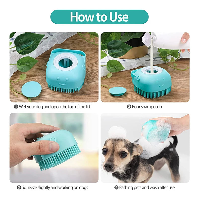 Silicone Pet Bath Massage Brush, Pour Shampoo Inside Tool