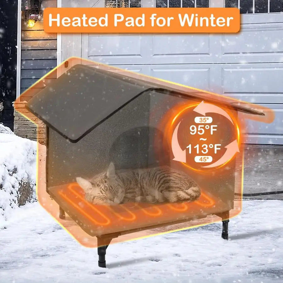 Elevated Outdoor Pet House / Shelter, Insulated, Soft Heating Bed Pad