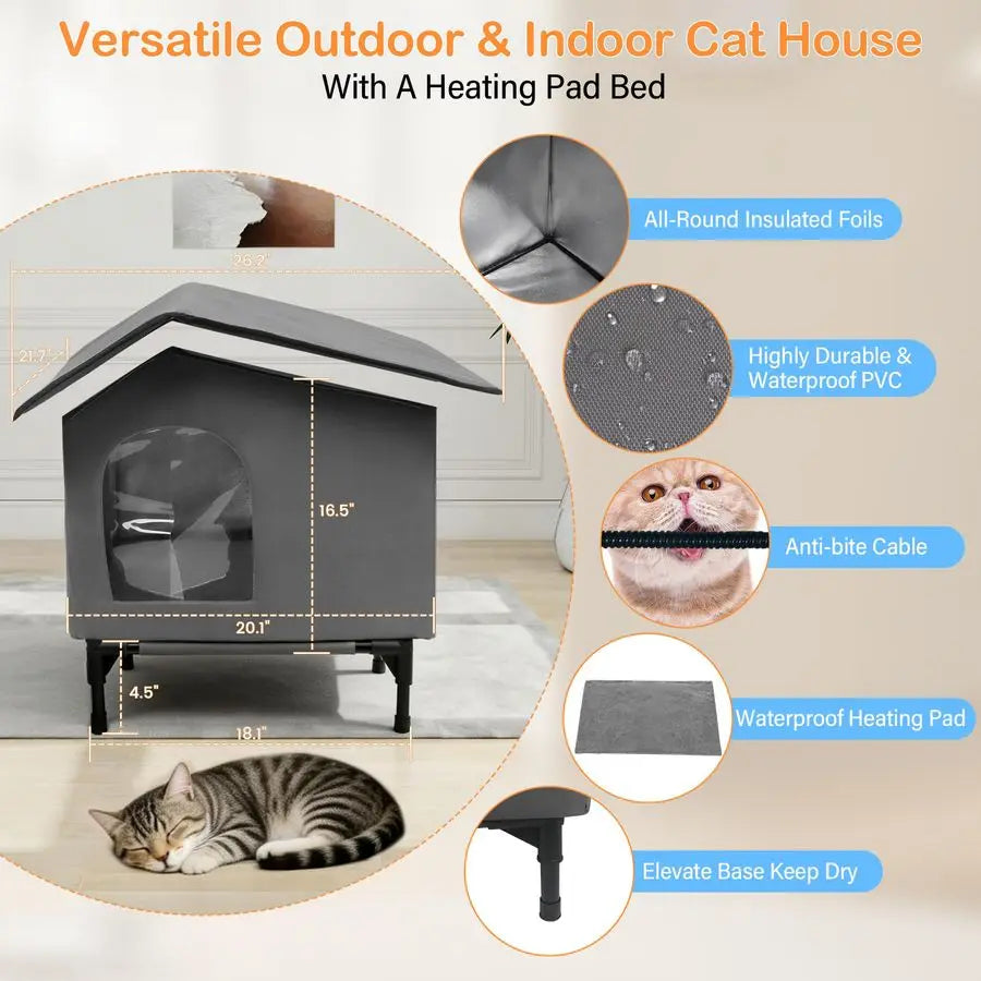 Elevated Outdoor Pet House / Shelter, Insulated, Soft Heating Bed Pad