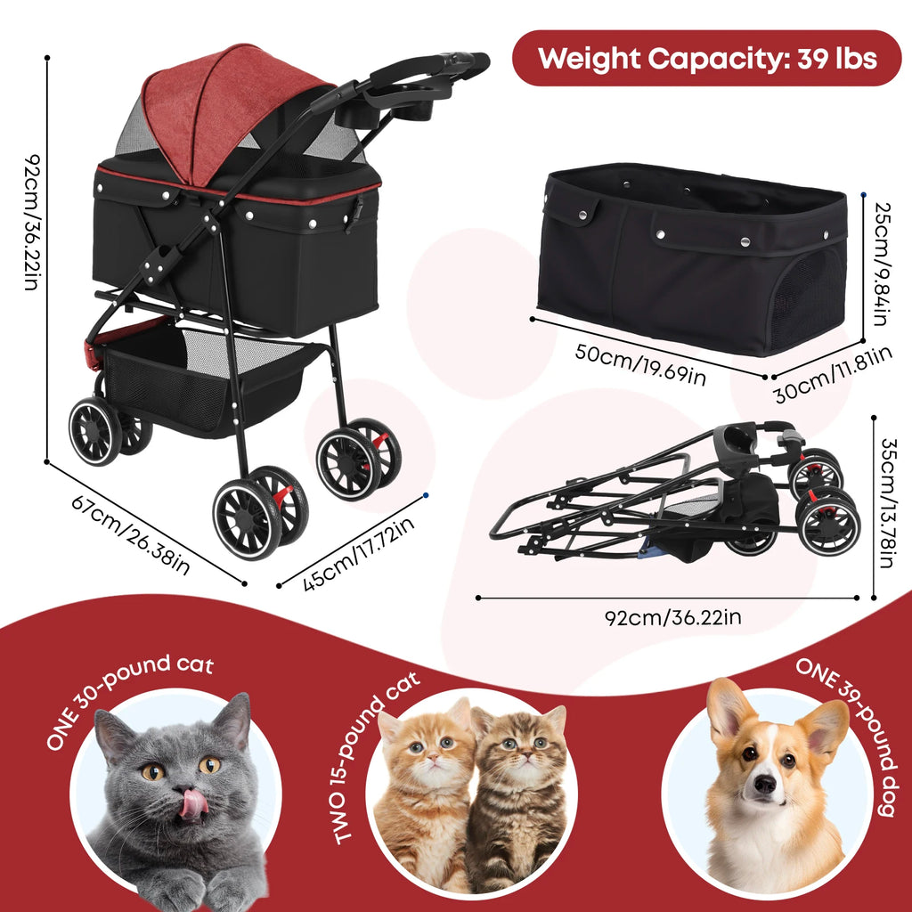 Portable Foldable Pet Stroller Travel Carrier Canopy, Storage Basket