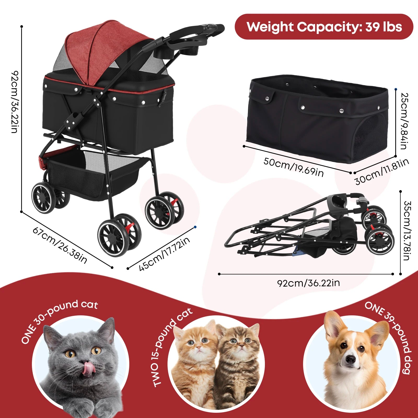 Portable Foldable Pet Stroller Travel Carrier Canopy, Storage Basket