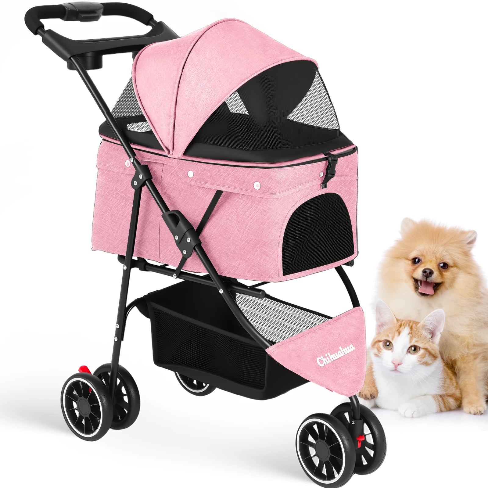 Portable Foldable Pet Stroller Travel Carrier Canopy, Storage Basket