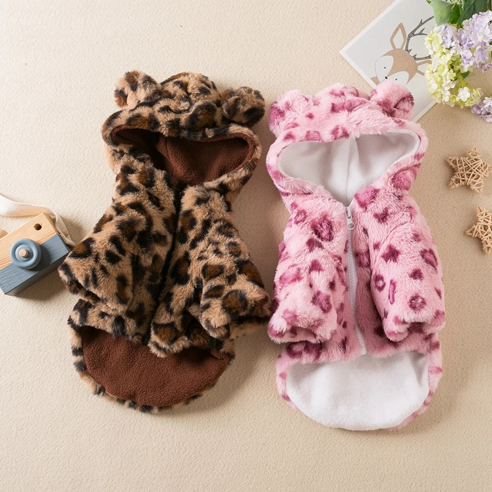 Warm Fleece Leopard Print Pet Hoodie, Coat, Clothing, Costume