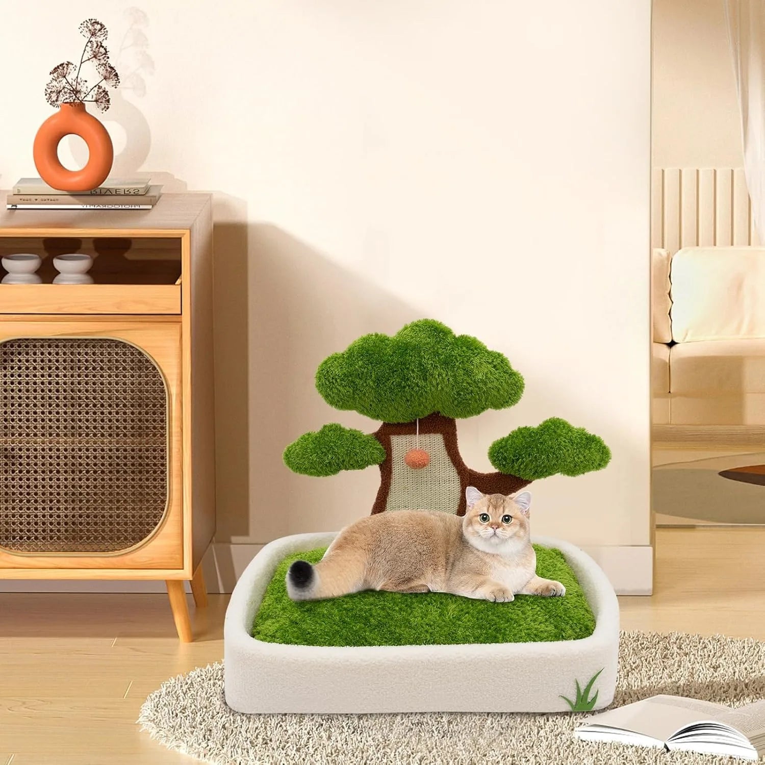 Pine Tree Scratching Post, 24.8" Plush Velvet Bed & Sisal Scratcher, Dangling Toy