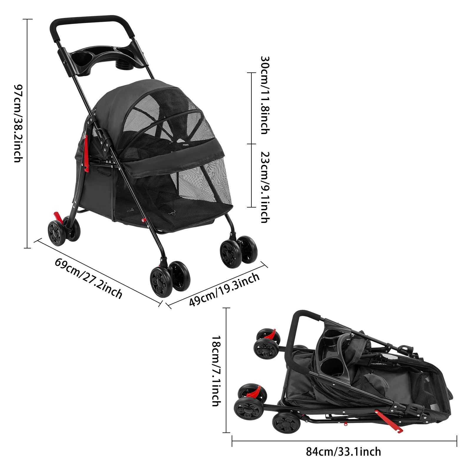 Foldable Wheeled Pet Stroller Carrier with 2-in-1 Folding Frame